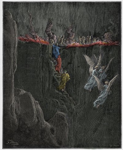 Purgatorio, Canto 25: Vergilius en Dante stijgen op naar de zevende cirkel door vlammen, illustratie uit De Goddelijke Komedie van Dante Alighieri, 1885 door Gustave after Dore